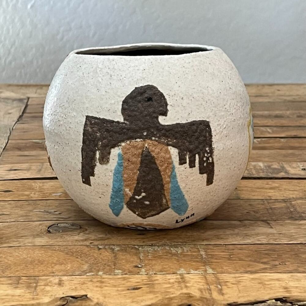 Navajo Sand Art Pottery Vase 5" Hand-Painted Signed by Lynn
